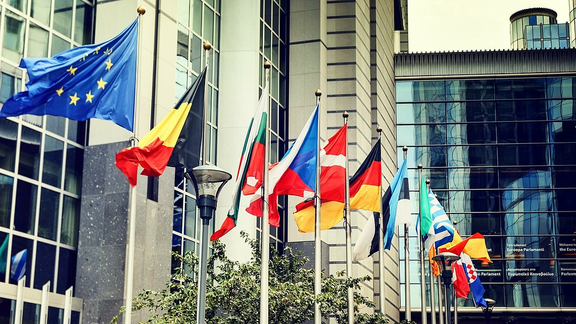 Flaggen europäischer Staaten wehen vor dem Europäischen Parlament.
