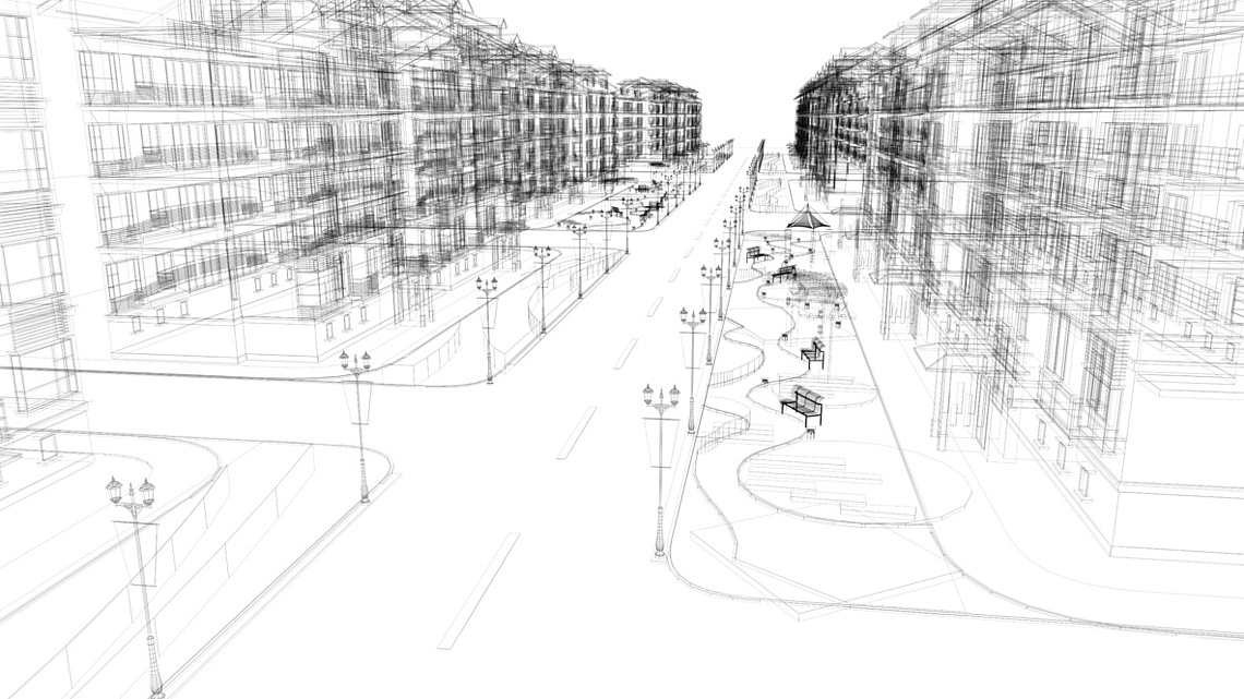 3D-Skizzes eines Straßenzugs mit Wohngebäuden.