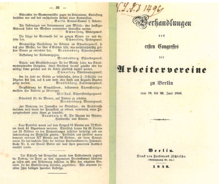 Titelseite des Protokolls des ersten Kongresses der Arbeitsvereine in Berlin vom 18. bis 20. Juni 1848