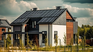 Modernes Haus mit Sonnenkollektoren auf einem Dach, erstellt mit generativer KI