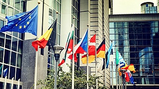 Flaggen europäischer Staaten wehen vor dem Europäischen Parlament.