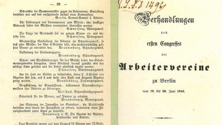 Titelseite des Protokolls des ersten Kongresses der Arbeitsvereine in Berlin vom 18. bis 20. Juni 1848