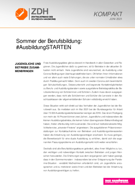 Cover der Publikation "ZDH-Kompakt "Sommer der Berufsbildung". Inhalte im weiteren Text.
