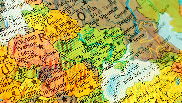Landkarte mit einem Ausschnitt der die Ukraine und die umliegenden Staaten zeigt.