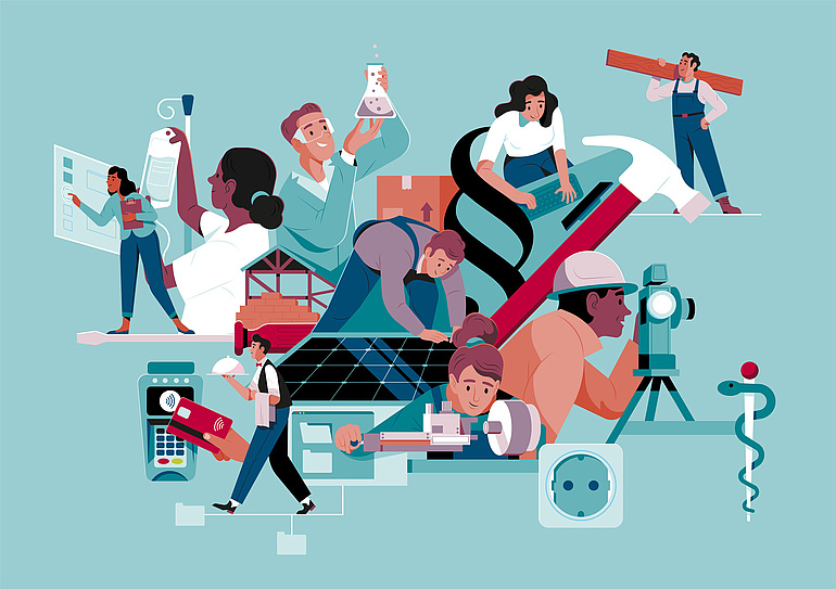 Keyvisual des Sommers der Berufsbildung: Grafik mit verschiedenen Motiven aus der Arbeitswelt
