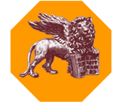 Geflügelter Löwe auf organgem Hintergrund. Logo der Datenbank "Handwerksbetriebe für Restaurierung und Denkmalpflege".