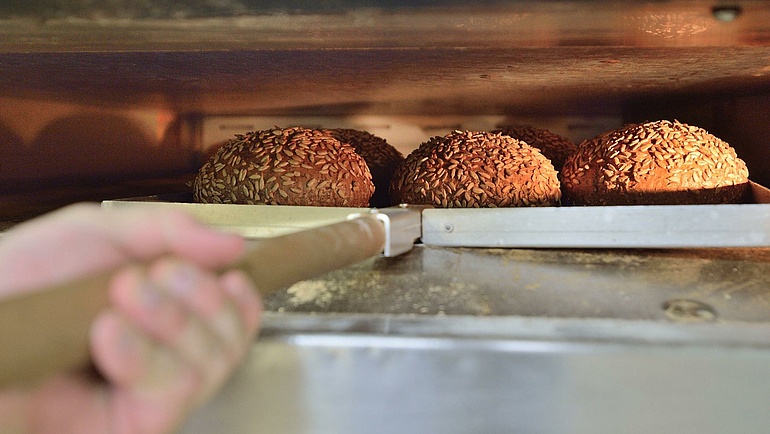 Nahaufnahme eines Bäckereiofens: Ein Bleich mit Körnerbrötchen wird in den Ofen geschoben.