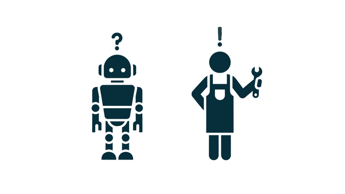 Grafik mit einem Roboter, mit einem Fragezeichen über dem Kopf, und einem Handwerker, mit einem Ausrufezeichen über dem Kopf